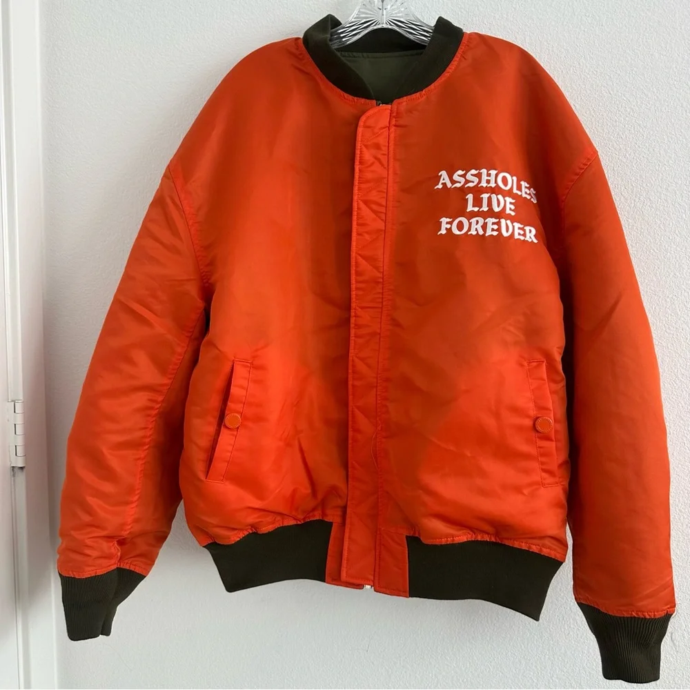 Lindafinegold ALF Reversible Olive Green and Orange Bomber Jacket Size: L